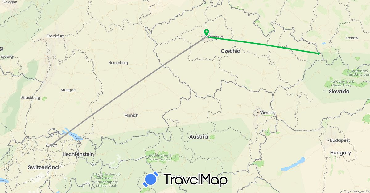 TravelMap itinerary: bus, plane in Switzerland, Czech Republic (Europe)